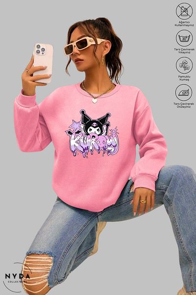 Nyda Collections Women's Long Sleeve Anime Kuromi Printed Crew Neck Hoodless Raster Oversize Sweatshirt