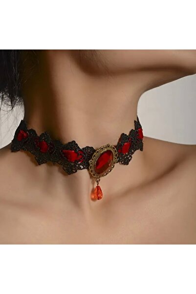 PİRAMİGO Gotik Kırmızı Kadifeli Dantel ve Gözyaşı Taşlı Kolye