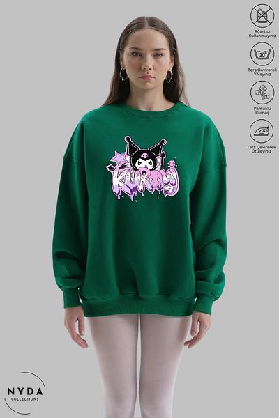 Nyda Collections Women's Long Sleeve Anime Kuromi Printed Crew Neck Hoodless Raster Oversize Sweatshirt