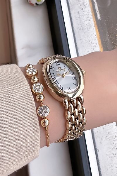 Homies Gold Color Waterproof Women's Wristwatch - Oval Case, Steel Band + Bracelet Hmby2048C1