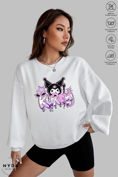 Nyda Collections Women's Long Sleeve Anime Kuromi Printed Crew Neck Hoodless Raster Oversize Sweatshirt