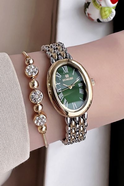 Homies Gold Silver Color Waterproof Women's Wristwatch - Oval Case, Steel Band + Bracelet Hmby2048C2