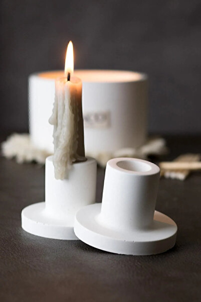 Genel Markalar 2'li Beyaz Beton Mumluk Şamdan (MUMLAR DAHİL DEĞİLDİR)