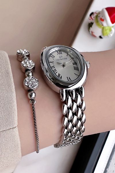 Homies Waterproof Silver Women's Wristwatch - Oval Case, Steel Band + Bracelet Hmby2048C4