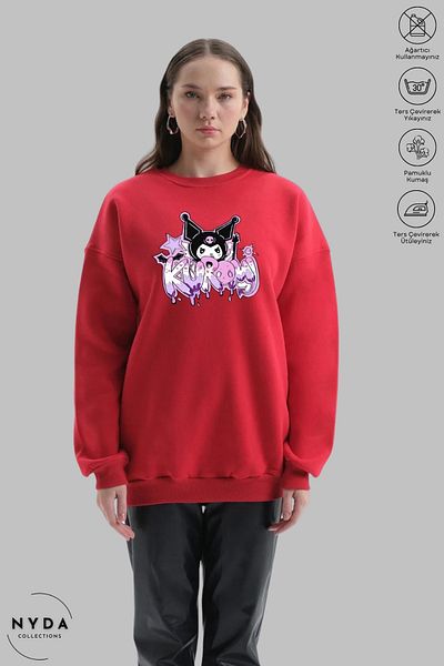 Nyda Collections Women's Long Sleeve Anime Kuromi Printed Crew Neck Hoodless Raster Oversize Sweatshirt