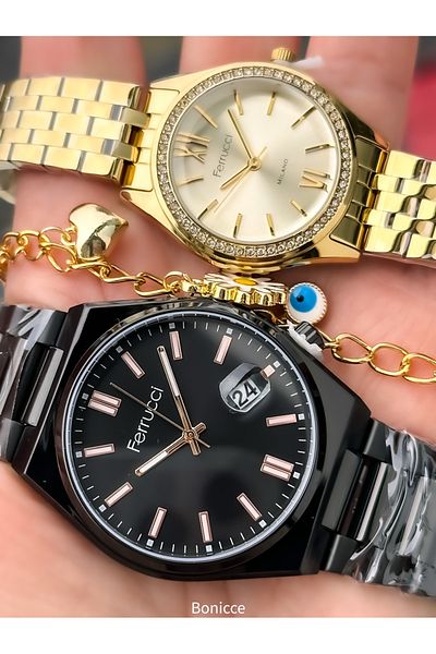 Ferrucci Brand Silver Yellow Color Steel Band, Green Dial, Lover Couple Watches + Rosary Bracelet