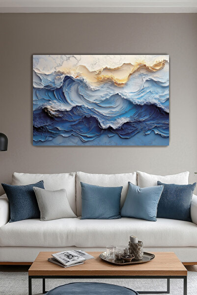 Arkeot Mavi Dalgalar Kanvas Duvar Tablosu Dekoratif Manzara Salon Oturma odası antre dekor Büyük