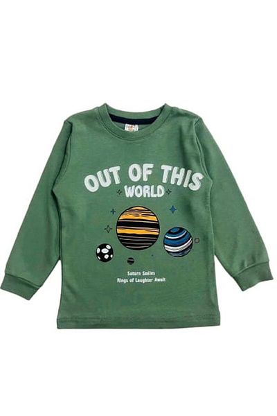 elmas kids Boys' 100% Cotton Crew Neck Long Sleeve Green Planet Print Pajamas Set