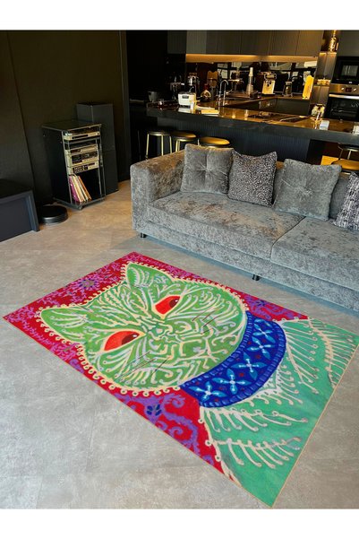 Rugs Modern Halı مجموعة Emre باللون الأخضر تحت عنوان عرقي مفصل بنمط قطة منسوج...