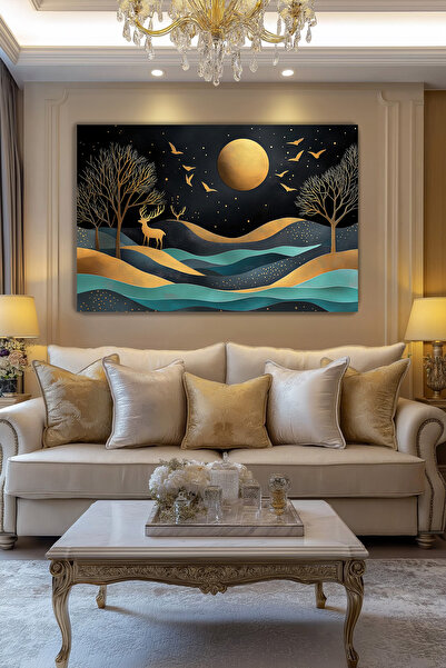 Arkeot Altın Ayışığı Kanvas Duvar Tablosu Dekoratif Manzara Salon Oturma odası antre dekor Büyük