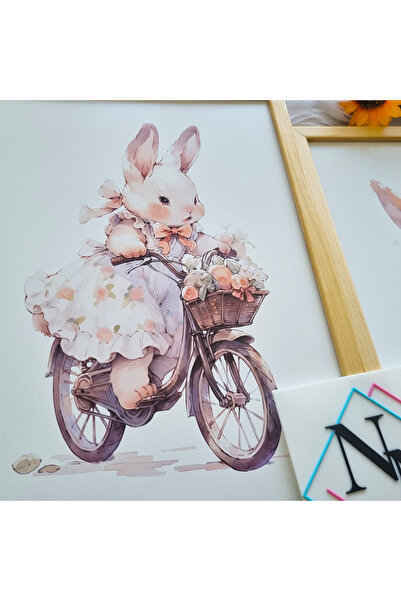 NN DECOR İsme Özel Tavşan Figürlü 3'lü Set - Doğal Ahşap Çerçeveli, Kız Bebek ve Çocuk Odası Tablosu