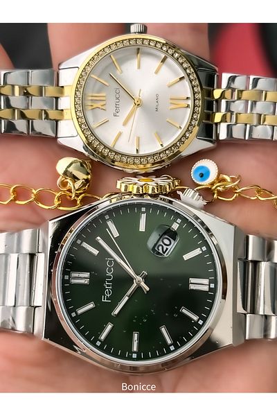 Ferrucci Brand Silver Yellow Color Steel Band, Green Dial, Lover Couple Watches + Rosary Bracelet