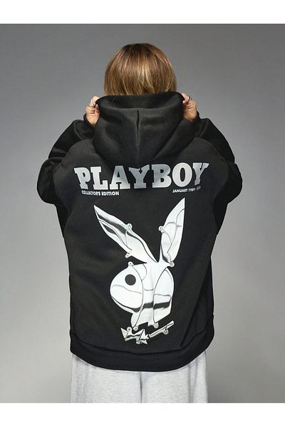 PALPİTO Hanorac cu glugă cu glugă cu imprimeu Play Boy negru pentru femei