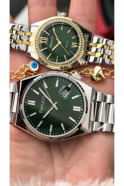 Ferrucci Brand Silver Yellow Color Steel Band, Green Dial, Lover Couple Watches + Rosary Bracelet
