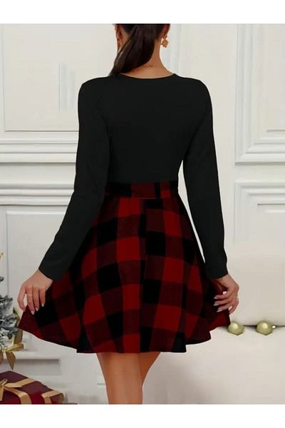 Kokosh moda Γυναικείο μακρυμάνικο μπλουζάκι με λαιμόκοψη από βισκόζη καρό κοντό φόρεμα