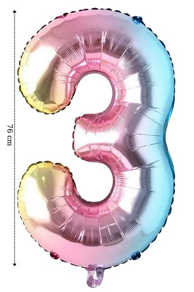 Ezgi Party Store Foil Helium Balloon 76 cm - 3 Figures Rainbow Color - 3 Years Old Balloon