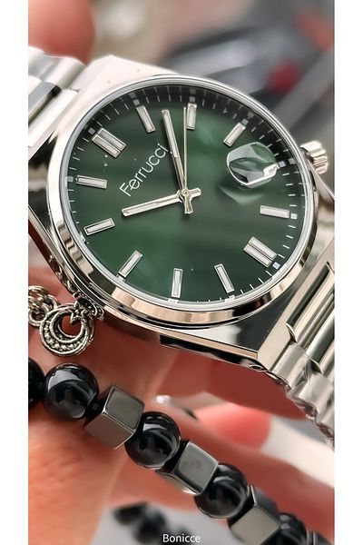 Ferrucci Men's Wrist Watch and Bracelet Rosary - Silver Color, Steel Band, Green Dial, with Calendar Gift