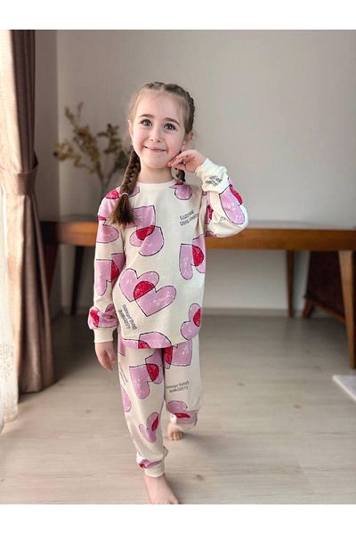 HNKİDS Heart Print Detailed 100% Cotton Seasonal Girls' Pajama Set Koçak Kids