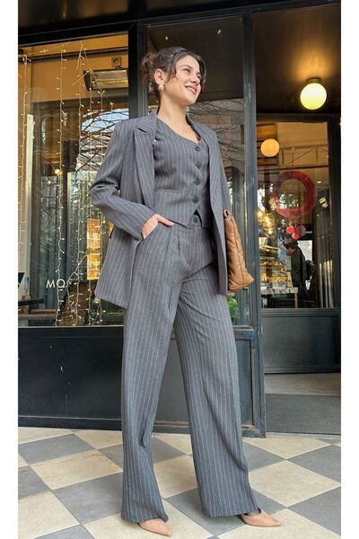 npopicom Ceket Yelek Palazzo Pantolon 3 lü Takım Elbise Çizgili Füme