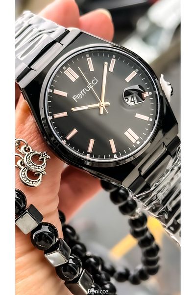 Ferrucci Men's Wrist Watch and Bracelet Rosary - Black Brand, Steel Band, with Calendar and Gift
