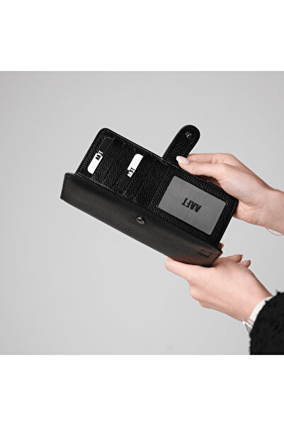 Deriza Twist 2323 - Unisex Black Genuine Leather Wallet with Phone Compartment