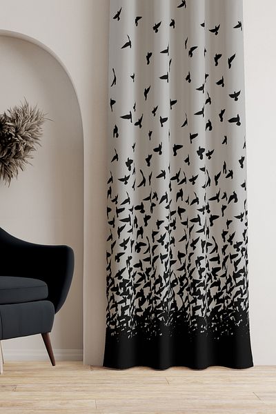 AYSHOME Ays Home Bird μοτίβο γκρι μαύρο φόντο κουρτίνα - 135cmx260cm χωρίς πιέτες