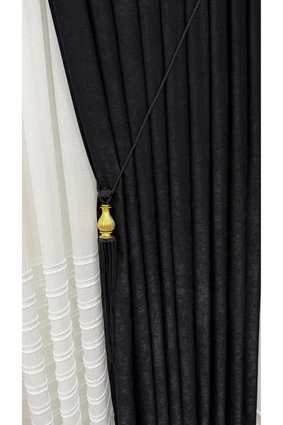 Fon Dünyası Velvet Textured Luxury Background Curtain Black Close Pleat (Single Wing)