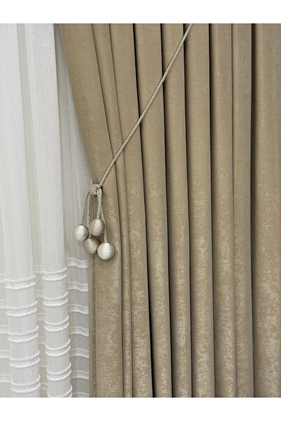 Fon Dünyası Κουρτίνα φόντου με βελούδινη υφή, πολυτελής, μπεζ, συχνή πιέτα (μονό φύλλο)