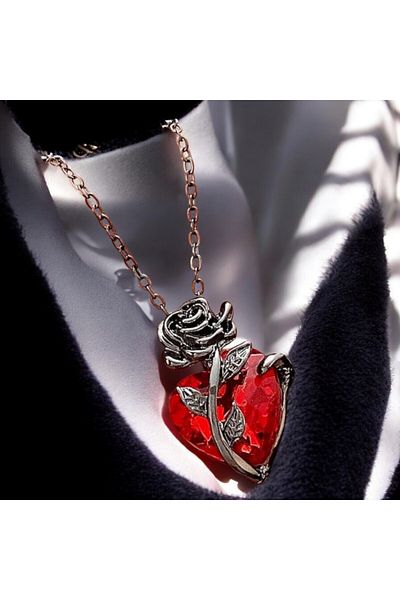 SOSYETEZGAHI Rose Design Lover's Necklace with Red Heart Wrap-Around Hang Heart Necklace Valentine's Day Necklace