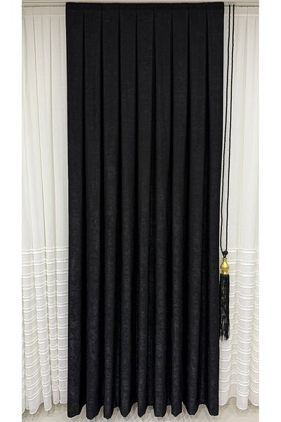 Fon Dünyası Velvet Textured Luxury Background Curtain Black Close Pleat (Single Wing)