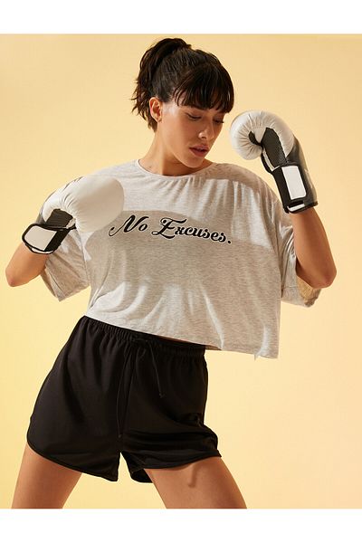 Koton Crop T-Shirt with Slogan Crew Neck