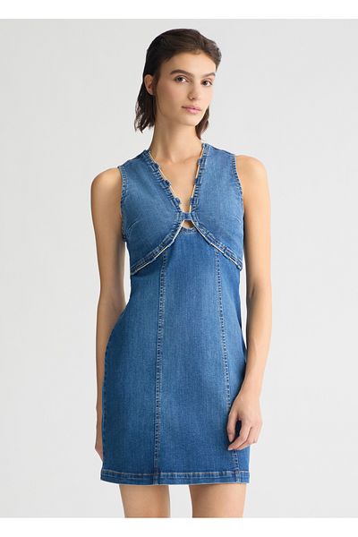Liu Jo Women Dark Fit Sleeveless V Neck Mini Blue Dress Ua5086D4925-78813