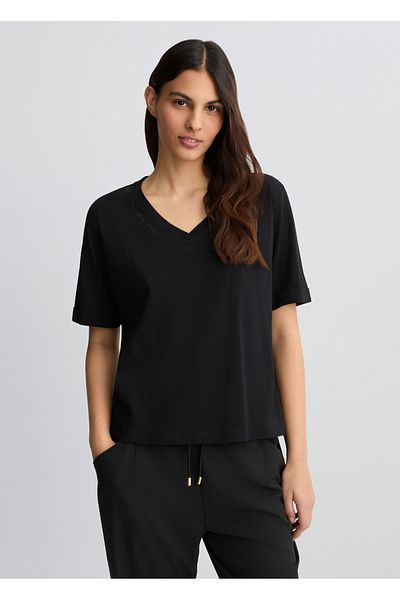 Liu Jo Women's V-Neck Black T-Shirt - Relaxed Fit, 100% Cotton, Short Sleeve Ta5175Js923-M9296