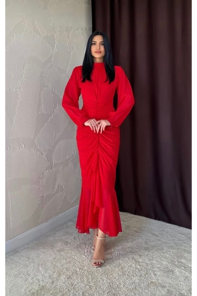 Afiş Butik Kırmızı Şifon Drapeli Yırtmaçlı Dik Yaka Elbise