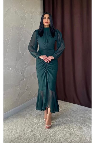 Afiş Butik Rochie din tul cu pliuri din sifon verde smarald