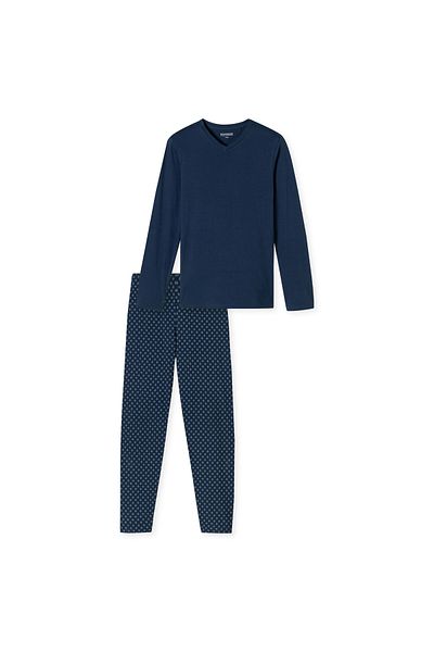 Schiesser Herren Schlafanzug, lang - Casual Essentials, Baumwolle, V-Ausschnitt