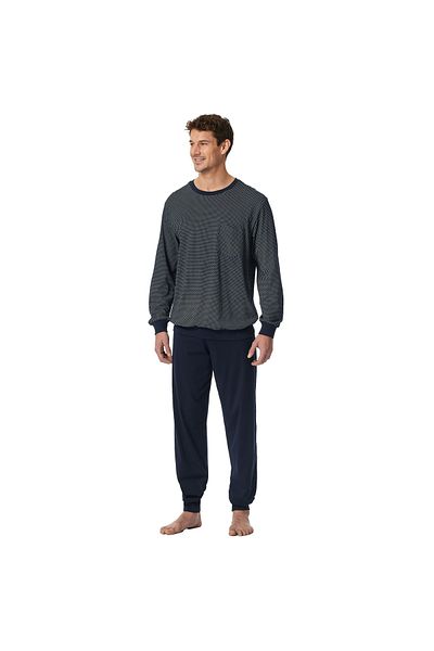 Schiesser Herren Schlafanzug, lang - Comfort Essentials, Baumwolle, Rundhals