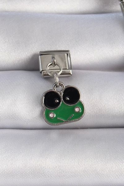 Clariss 316L Steel Silver Color Dangle Green Frog Figure Nomination Charm