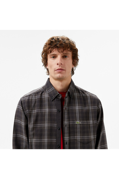 Lacoste Erkek Regular Fit Düğmeli Yaka Ekose Kahverengi Gömlek