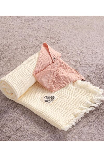 Kibele Ecru 4 Layer Muslin Tasseled Baby & Kids Blanket 100% Cotton 110*110