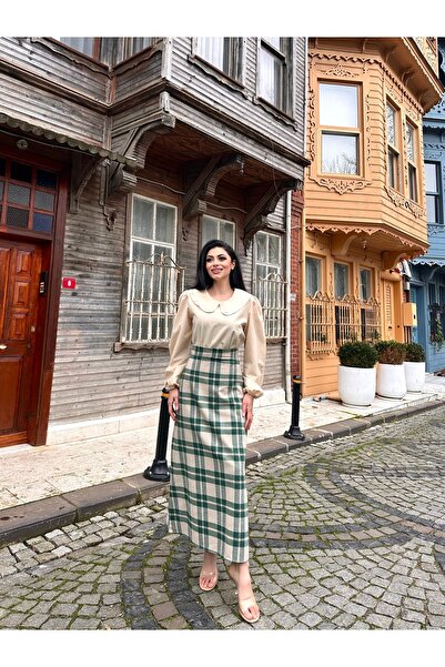 KÜÇÜĞÜM BUTİK Green Plaid Long Winter Skirt