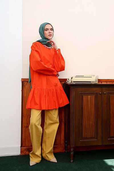 ALLDAY Dark Orange- Ribbed Collarless Cotton Tunic