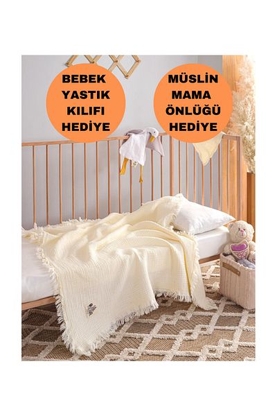 Kibele Ecru 4 Layer Muslin Tasseled Baby & Kids Blanket 100% Cotton 110*110