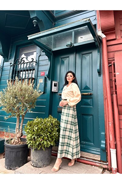KÜÇÜĞÜM BUTİK Green Plaid Long Winter Skirt