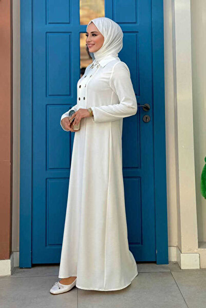 Bym Fashion Snap Button Detailed Dress 3928 Ecru