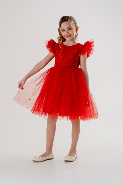 Eray Kids Rochie de seara pentru fetita rosie cu volane si detaliu perlat