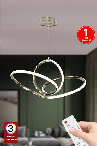 FUZON Titanic Led Avize 3 Renk Kumandalı Krom Ledli Avize Oturma Odası Avize