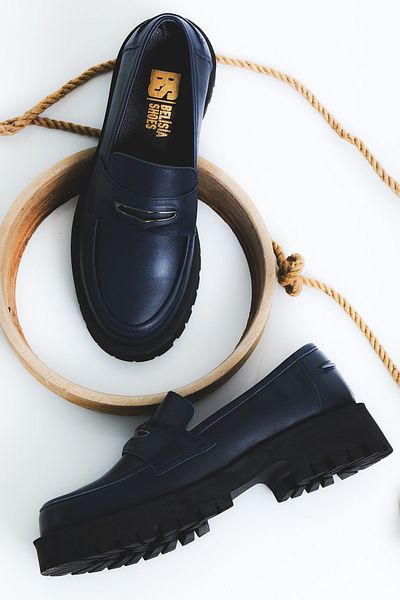 BELİSİA Navy Blue Leather High Sole Women's Loafer Shoes