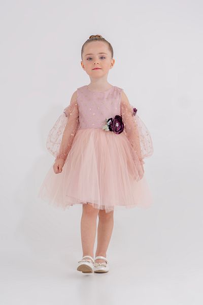 Eray Kids Βραδινό φόρεμα για κορίτσια Ασημένιο λουλούδι με λεπτομέρεια από τον ώμο μανίκια από τούλι 4-7 ετών