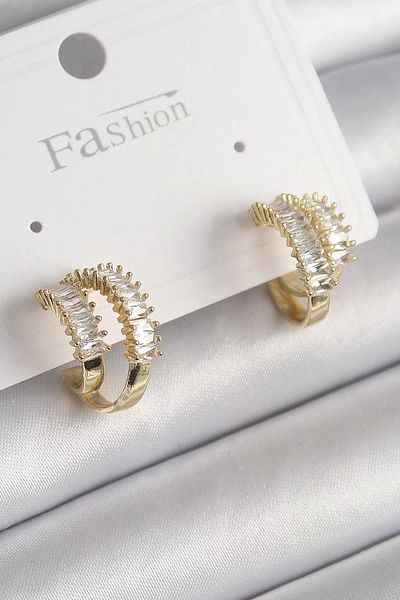Clariss Brass Gold Color 2-Piece Zircon Stone Hoop Model Women's Earrings